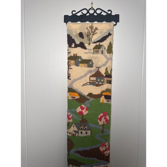 Vintage Needlepoint Tapestry Wall Hanging 4 Seasons Iron Hardware Handcrafted - Picture 2 of 8